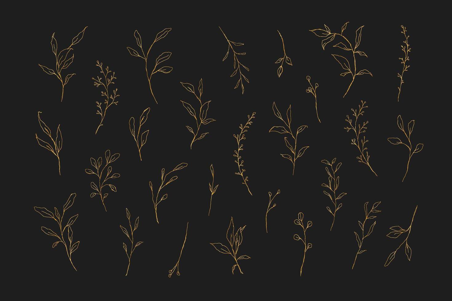 Botanical line art golden leaves hand drawn pencil sketches isolated vector