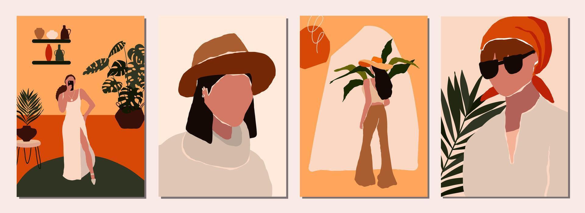 Set of abstract woman people faces portraits artistic background templates vector