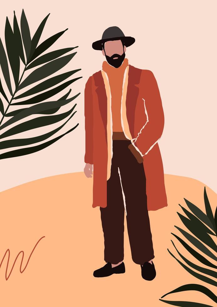 Abstract modern bearded man in hat in fashion trendy clothes walking on street vector