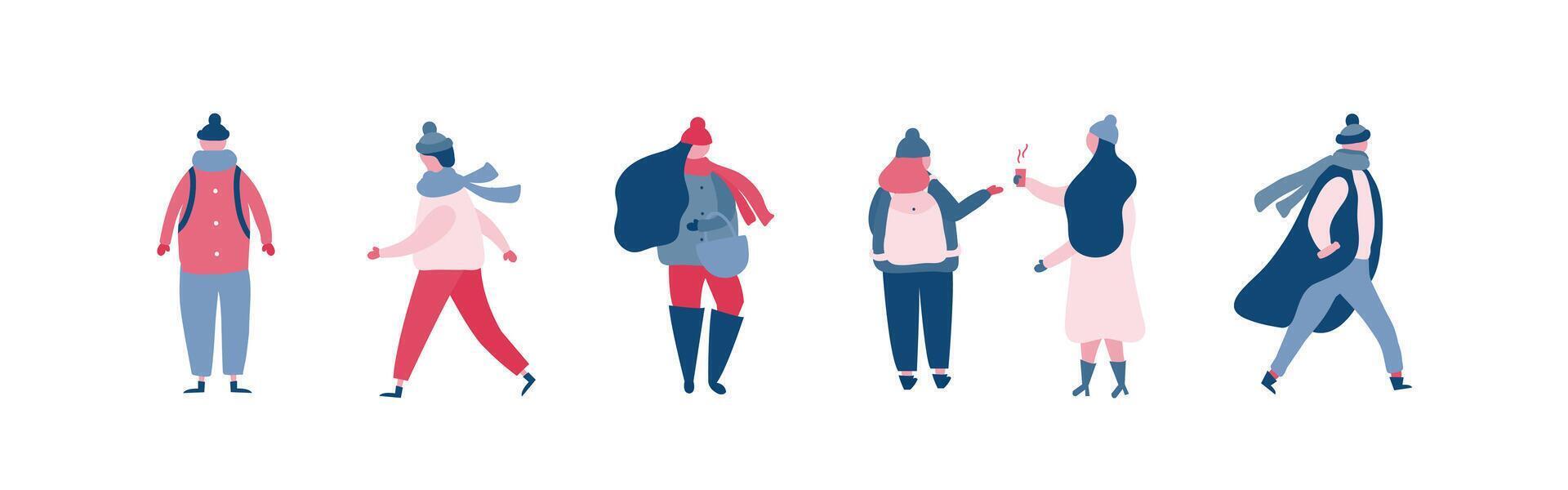 People in warm winter clothes walking on street, going to work vector