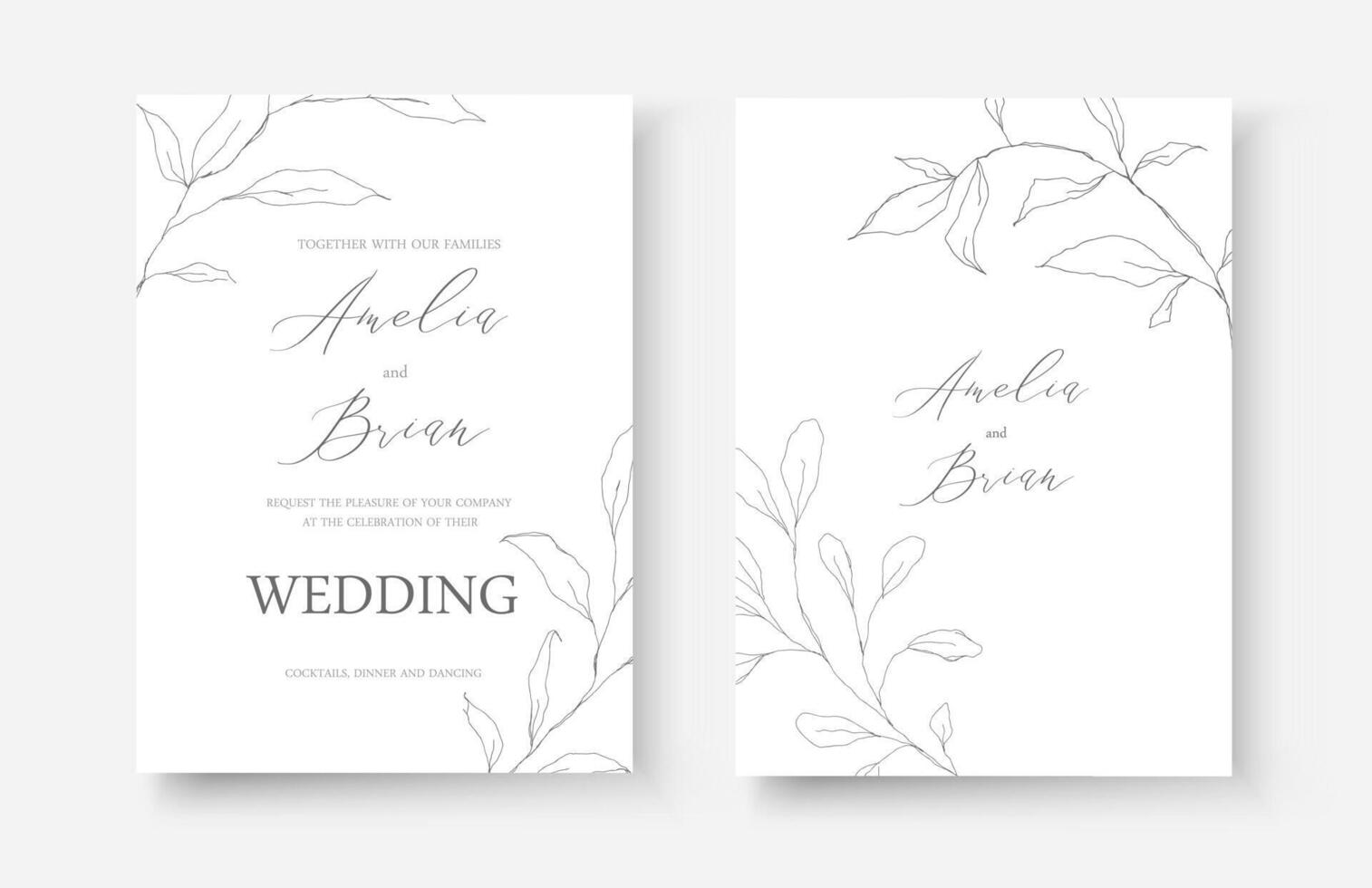 Wedding line art silhouette leaves floral minimalist invitation card vector