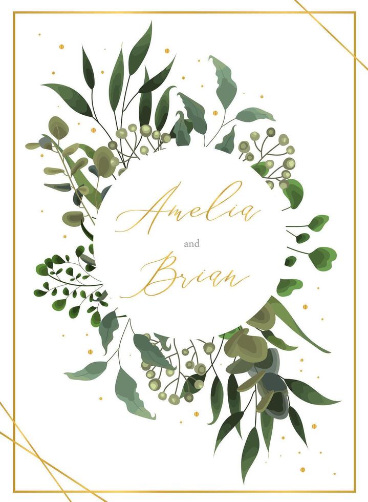 Wedding floral greenery leaf gold invitation card save the date design with green tropical leaf vector