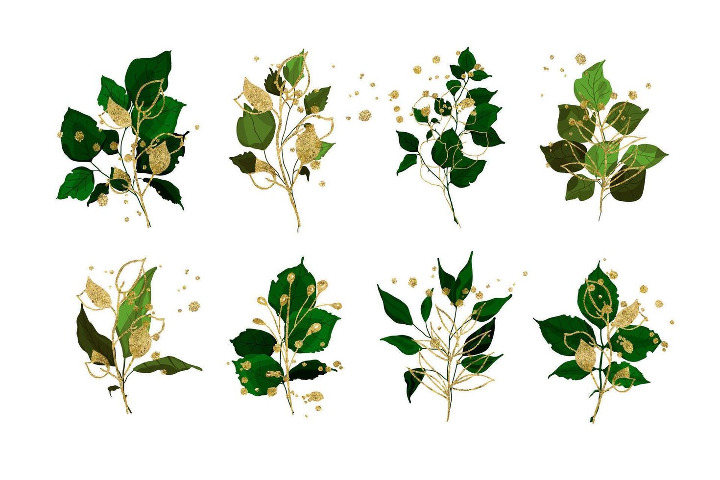 Gold leaves greenery tropical branch plants wedding bouquet with golden splatters vector