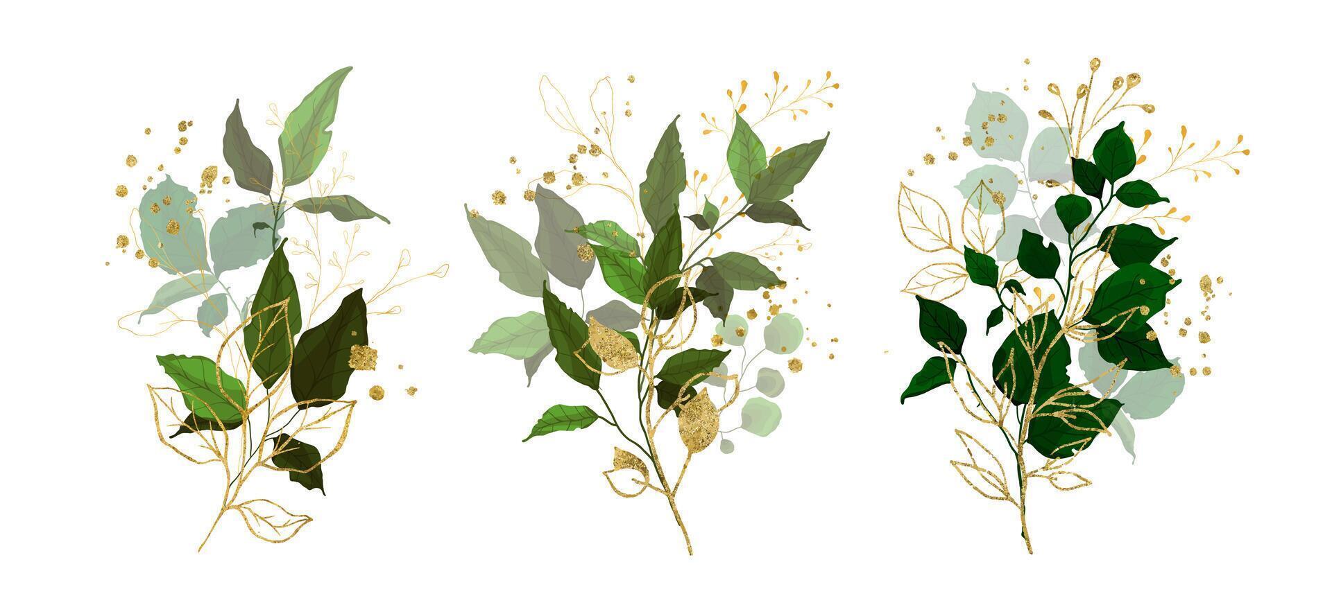 Gold leaves green tropical branch plants wedding bouquet with golden splatters illustration vector