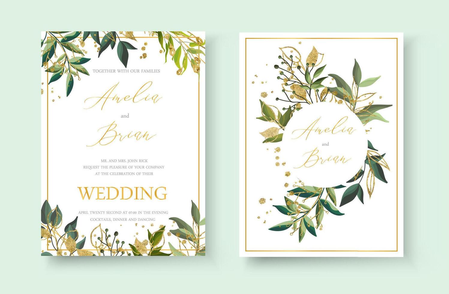 Wedding floral golden invitation card envelope save the date minimalism vector