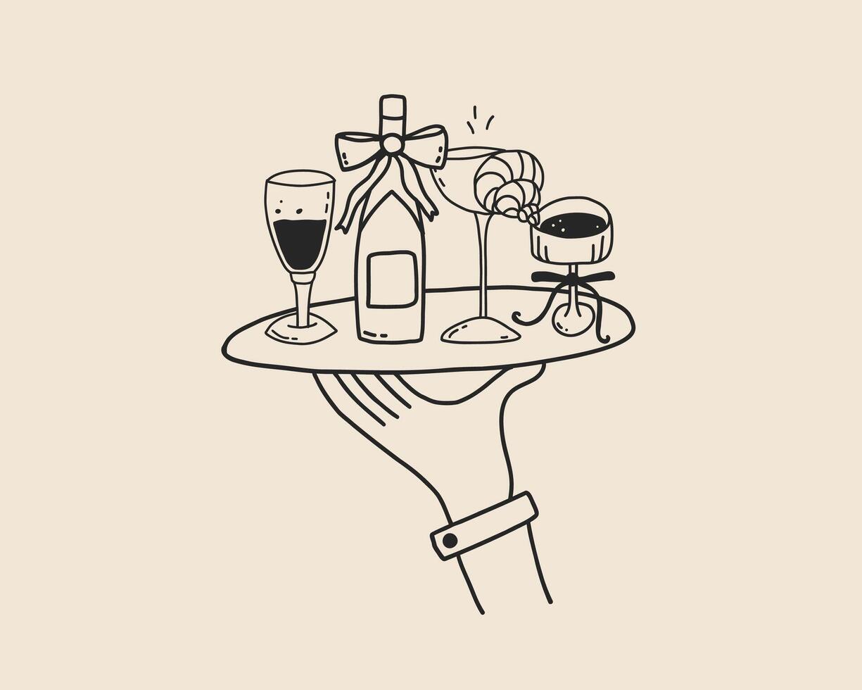 Line art waiter hand with food tray isolated. Coquette whimsical hand drawn restaurant dish serve. Catering service drawing outline illustration vector