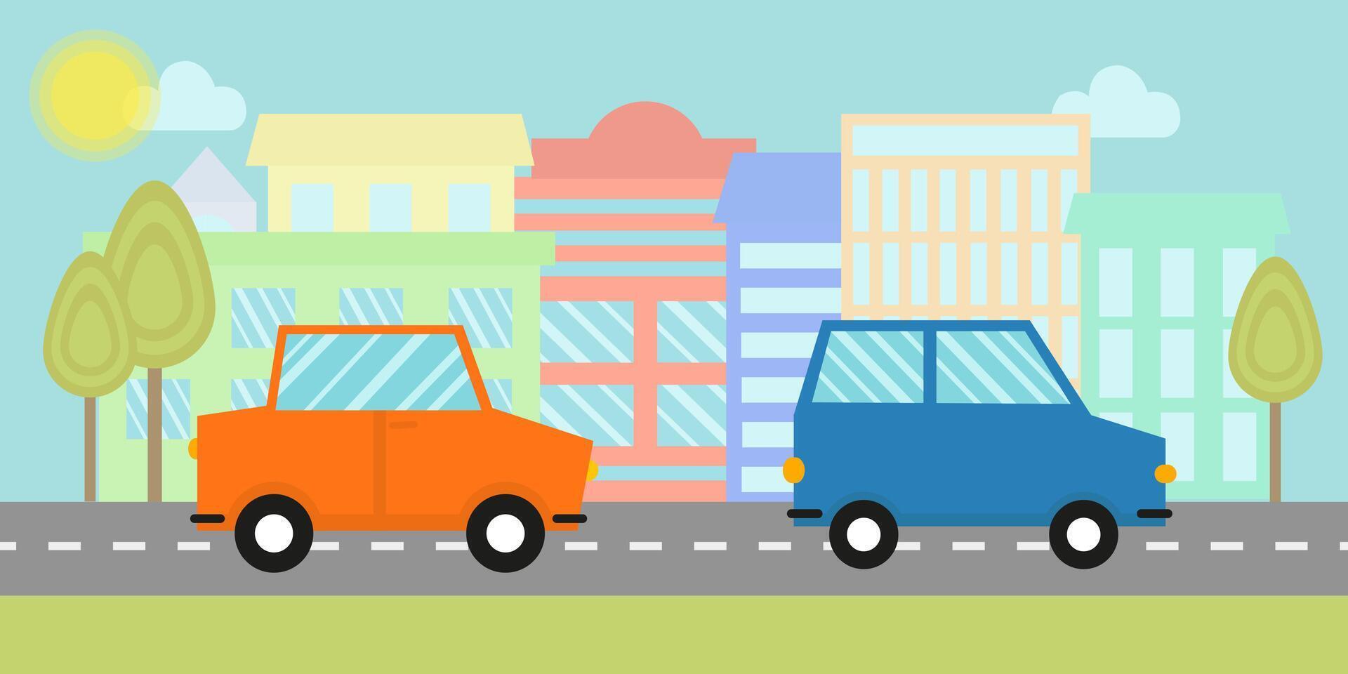 Road with two cars and houses with trees in flat style vector
