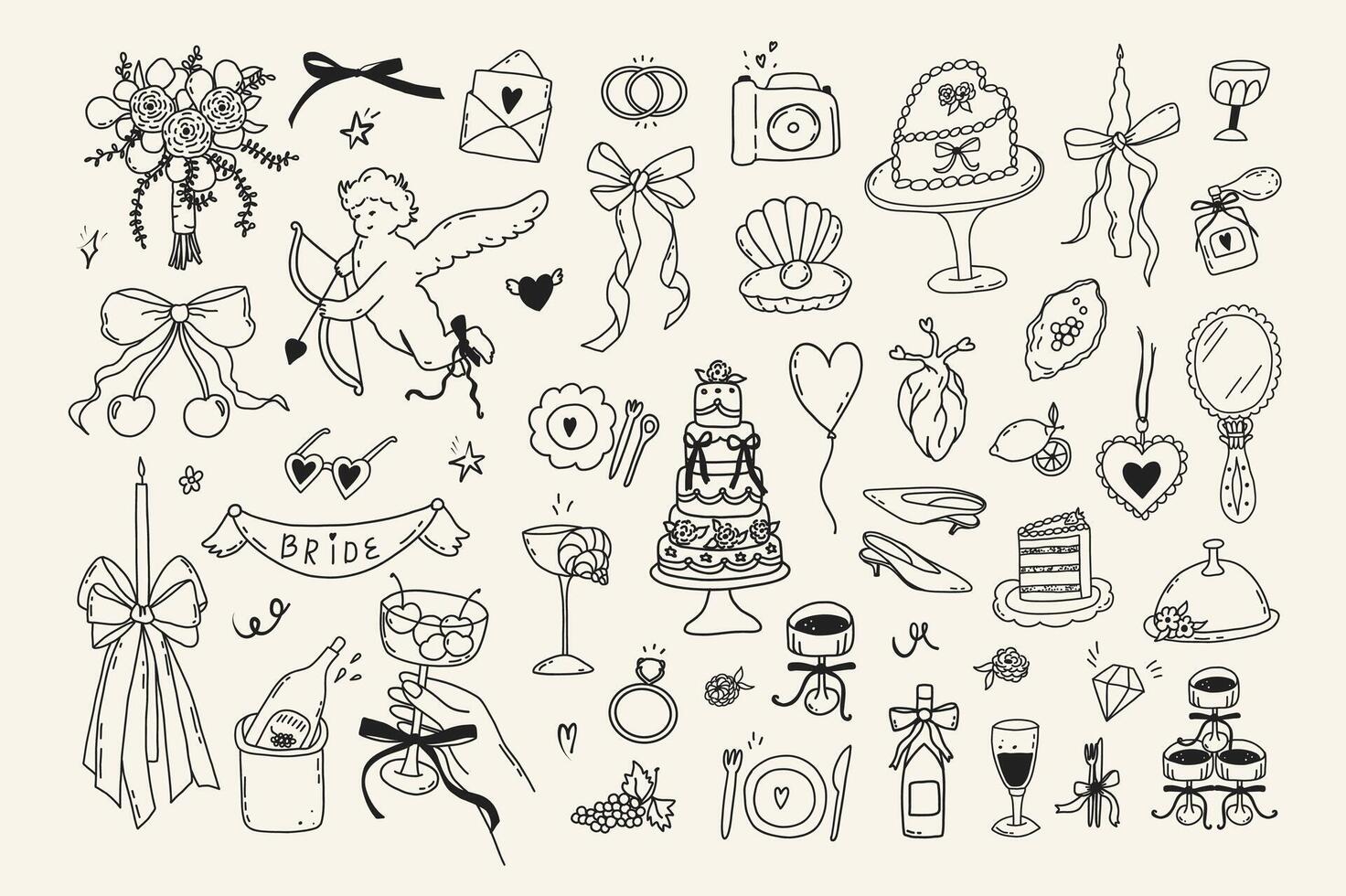 Set of line art wedding icon isolated. Whimsical coquette trendy hand drawn valentine doodle sketch. Vintage amore angel quirky bow, dinner card outline illustration vector