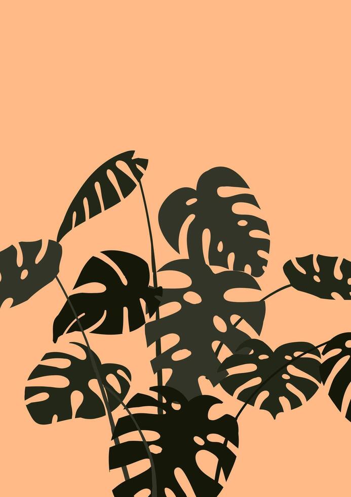 Abstract modern print with monstera leaves on orange background poster vector