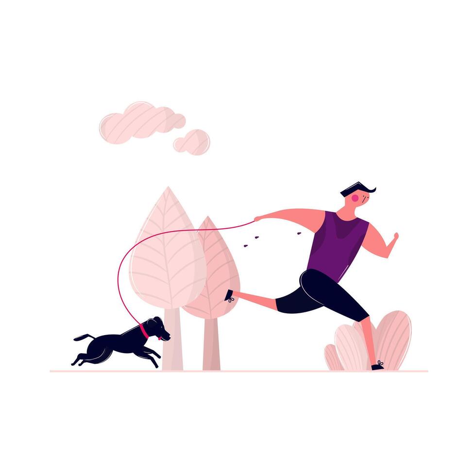 Man running with dog on street in park outdoor vector