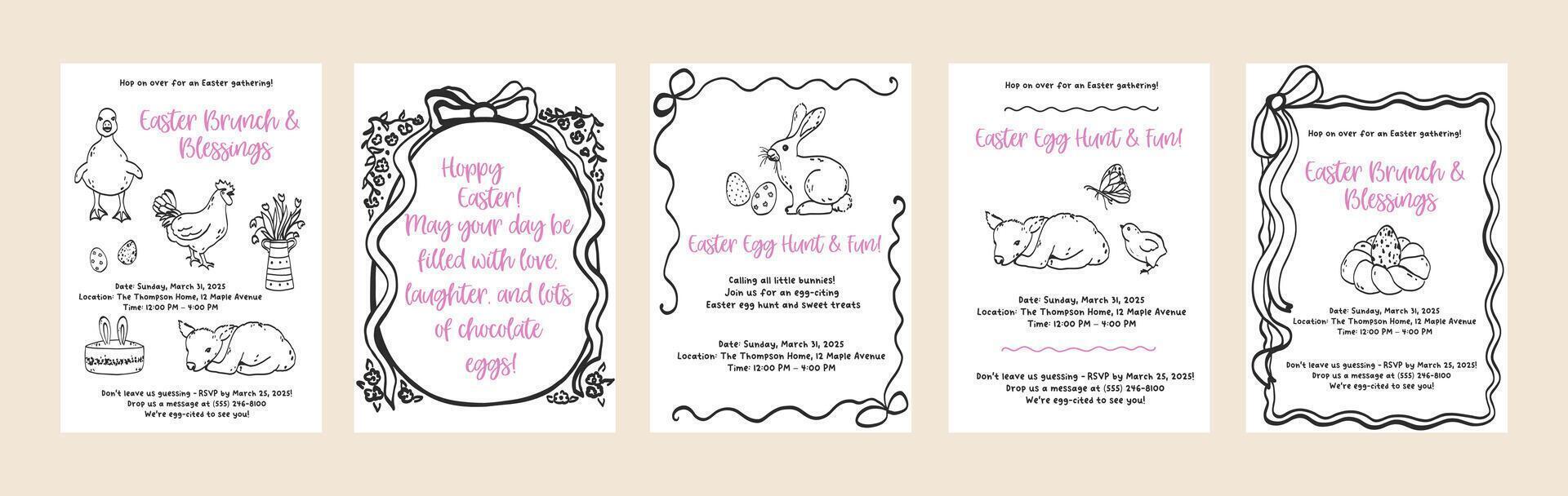 Set of happy Easter card background in hand drawn line art. Spring design doodle outline graphic. Coquette whimsical greeting cards outline illustration vector
