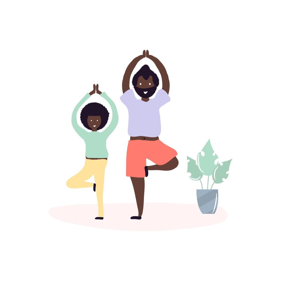 Single black father and son african americans doing yoga exercises together in room at home vector
