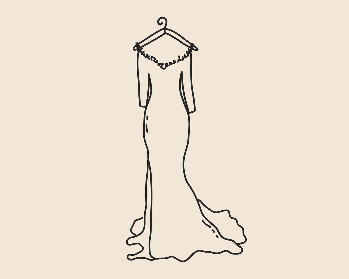 Line art wedding dress isolated. Whimsical coquette bride dress sketch. Marriage bridal trendy princess clothes outline illustration vector