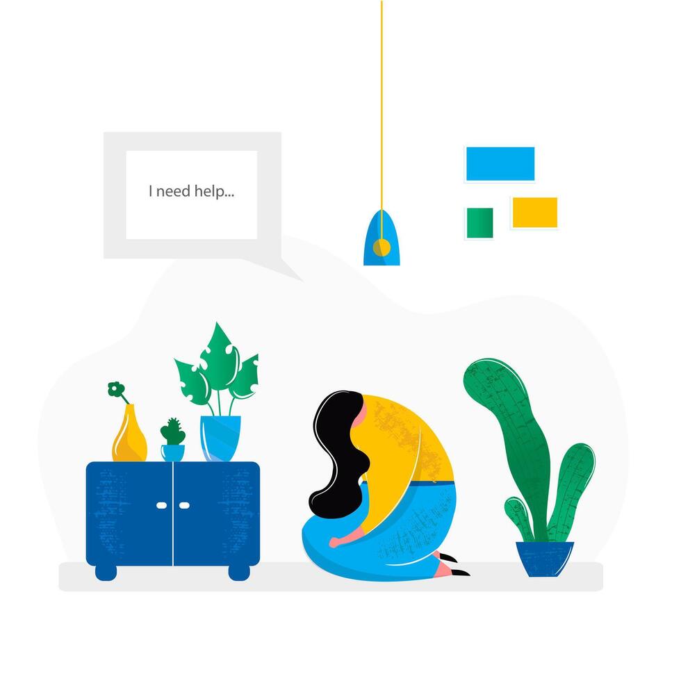 Depressed girl sitting on floor in room at home. Mental health vector