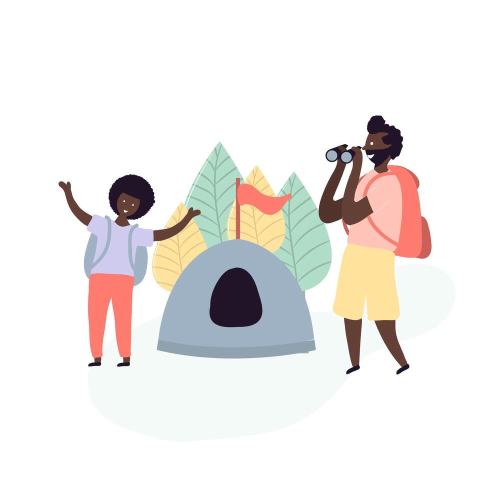 Single black father and son african americans resting on camping in forest with tent vector