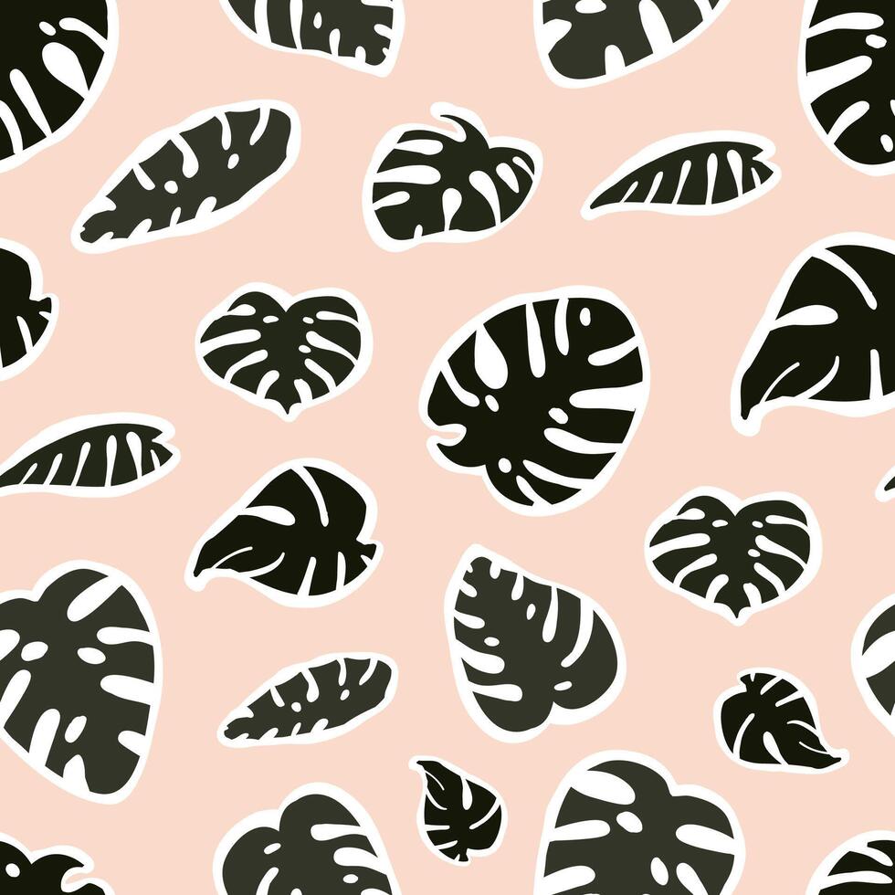 Seamless pattern with tropical green monstera leaves stickers paper cut mosaic vector