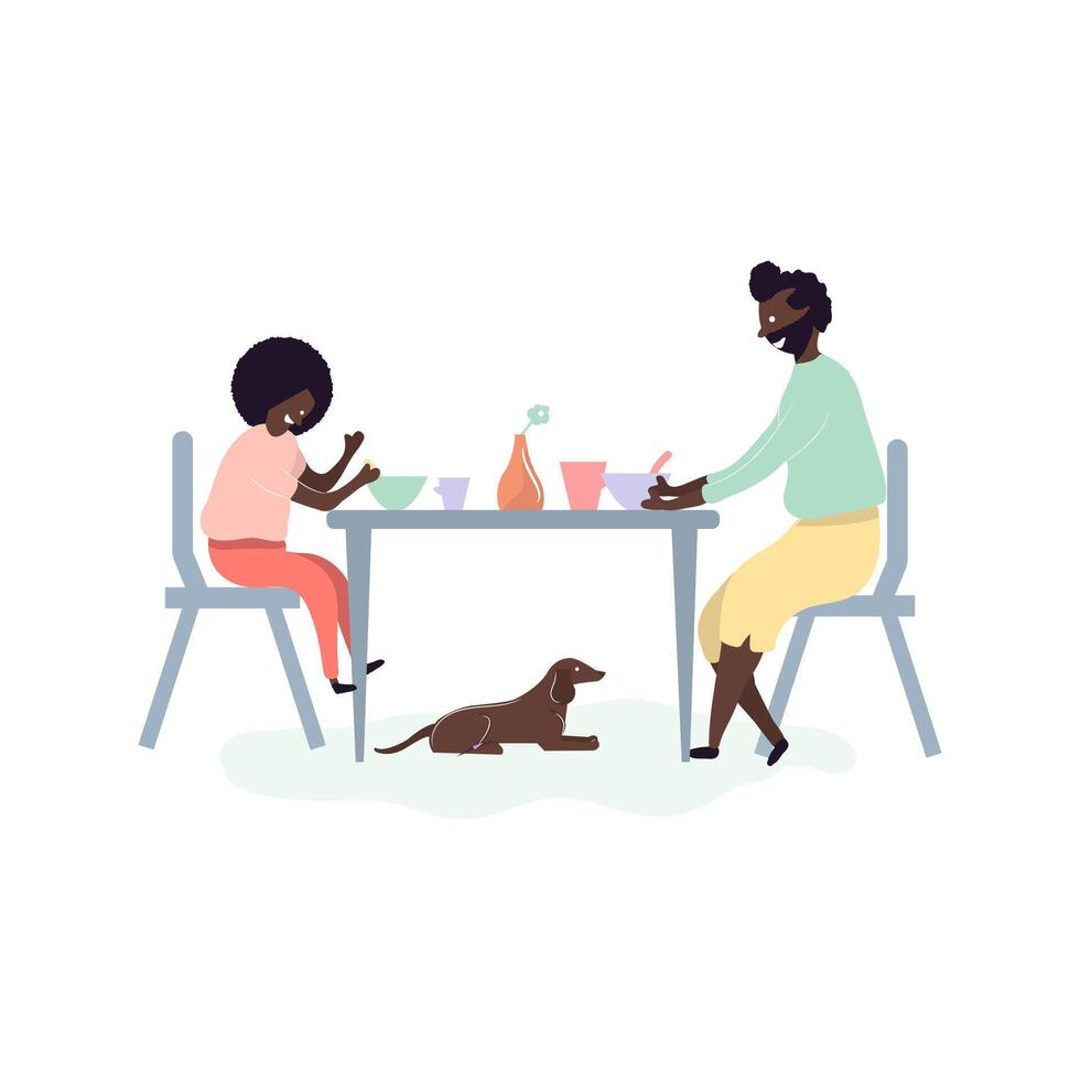 Single black father and son african americans eating breakfast at table vector
