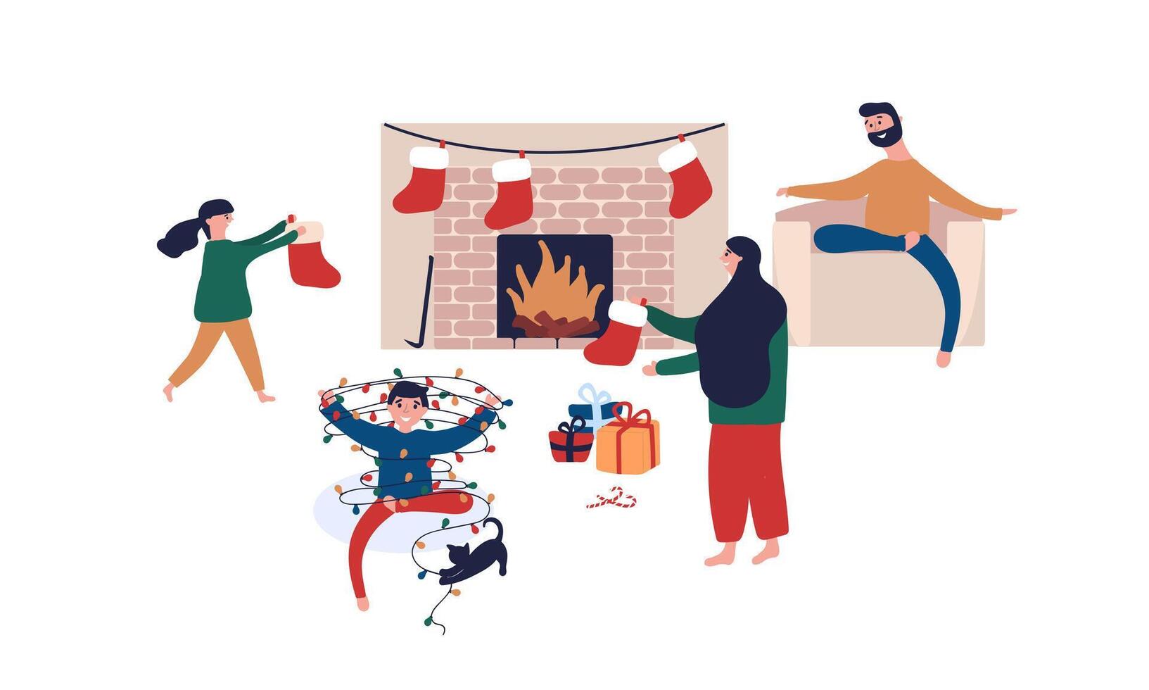 Happy family sitting by fireplace at home and preparing for celebration Christmas holiday vector