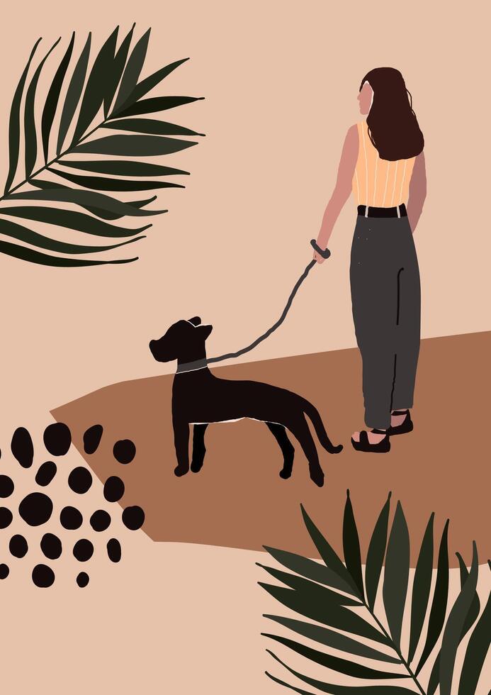 Abstract modern woman in fashion trendy clothes walking on street with dog vector