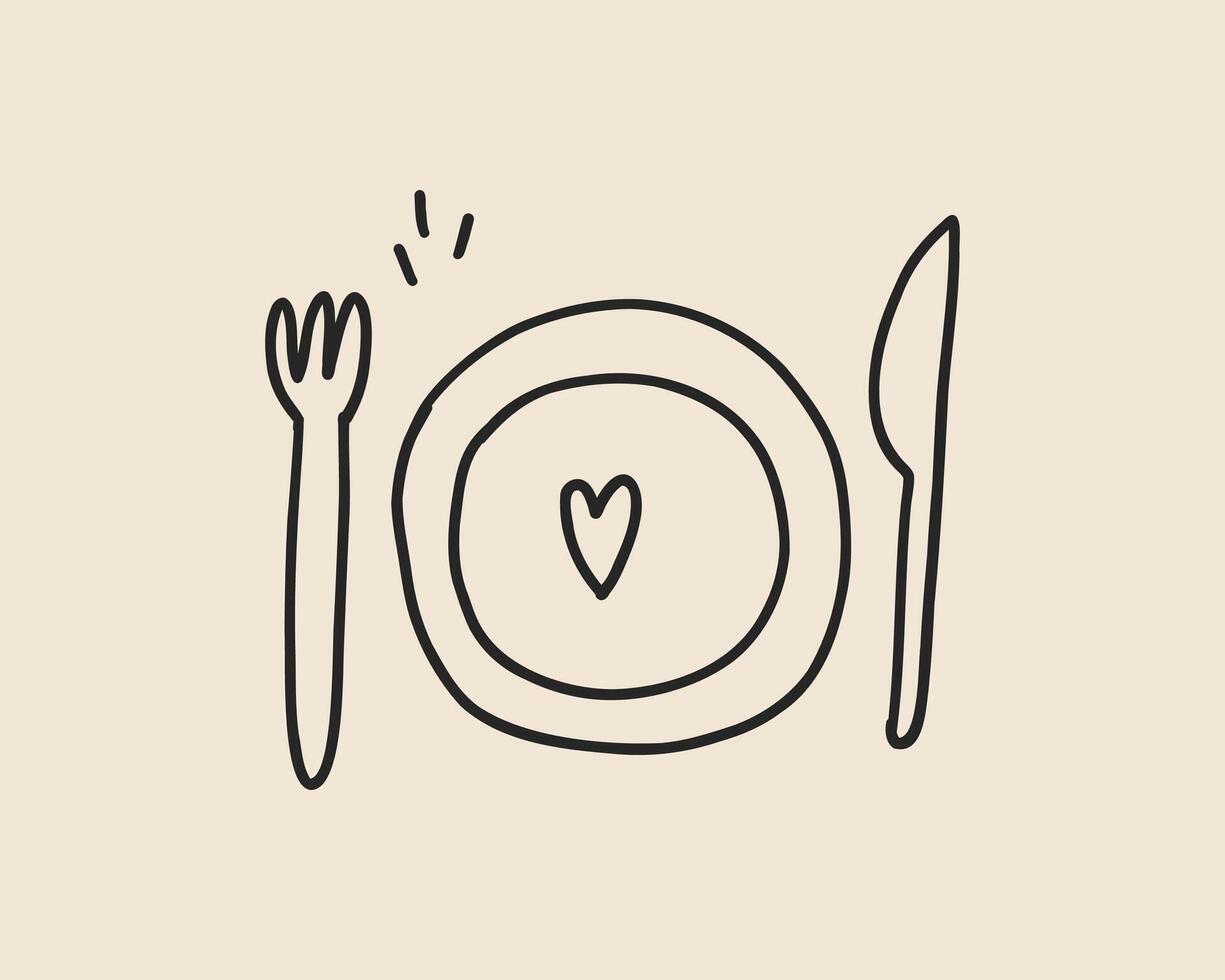 Line art doodle plate with knife and fork. Coquette whimsical kitchen utensils icon. Restaurant dinner dish service outline illustration vector