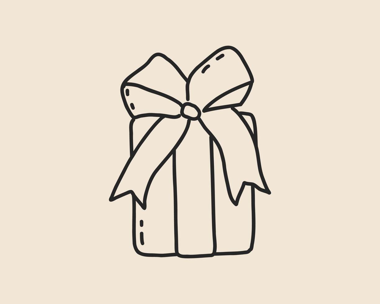 Line art gift box with bow isolated. Ribbon present for birthday, Christmas sketch. Coquette whimsical hand drawn doodle package outline illustration vector