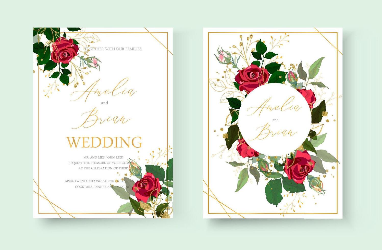 Wedding floral gold invite card save the date with red flower roses and green leaves design vector