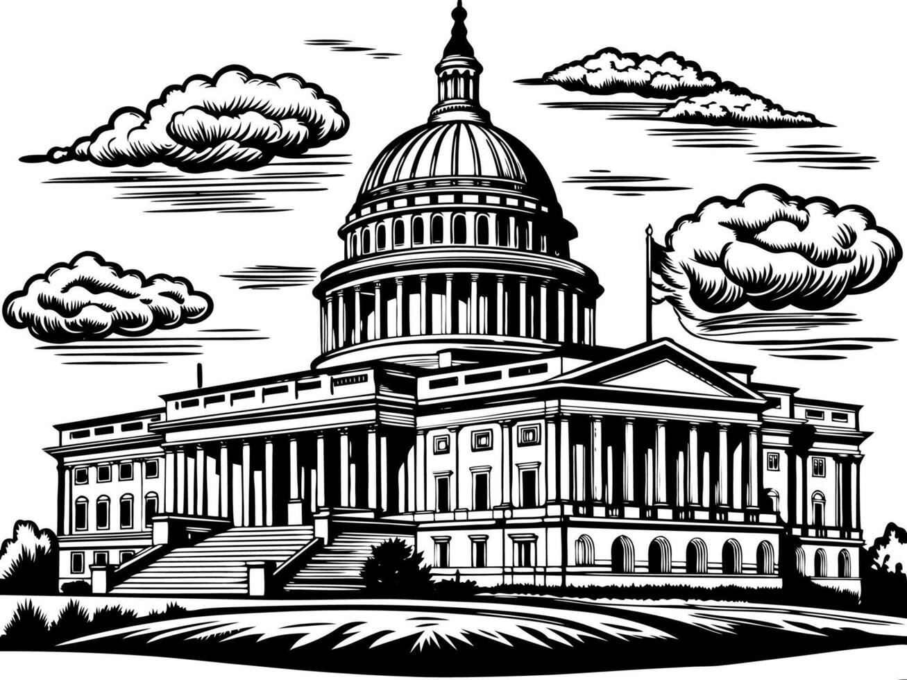 Black and White Illustration of the Capitol Building with Clouds vector