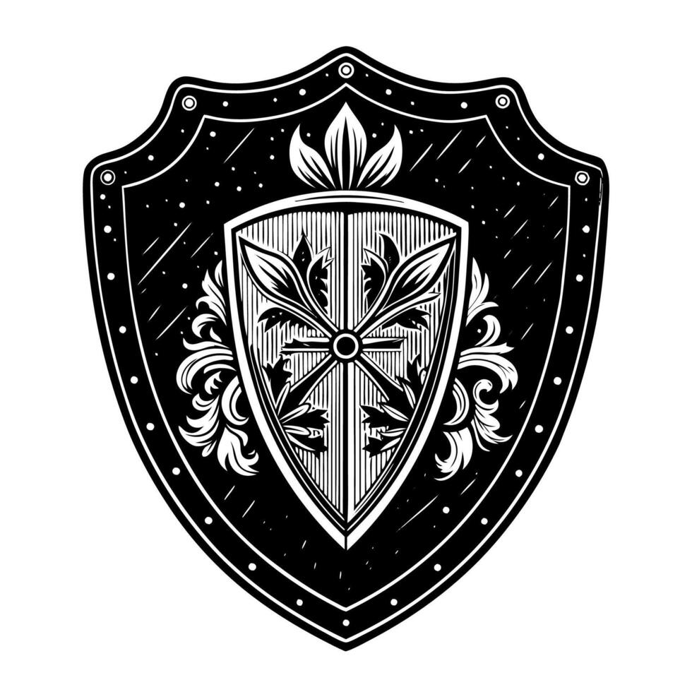 Black and White Medieval Shield with Intricate Cross Design vector