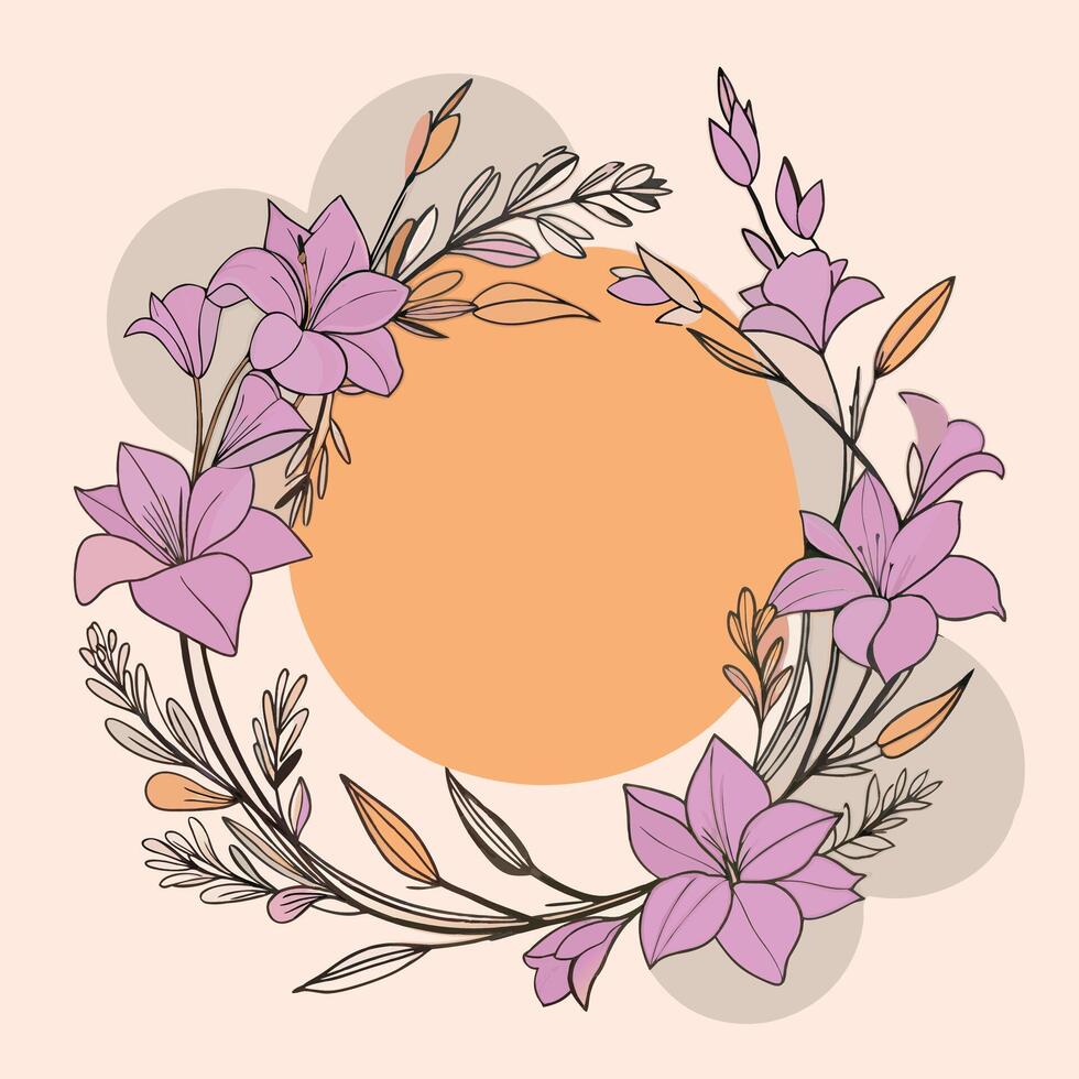 Minimalistic floral wreath with yellow and white lilies on a peach background. vector