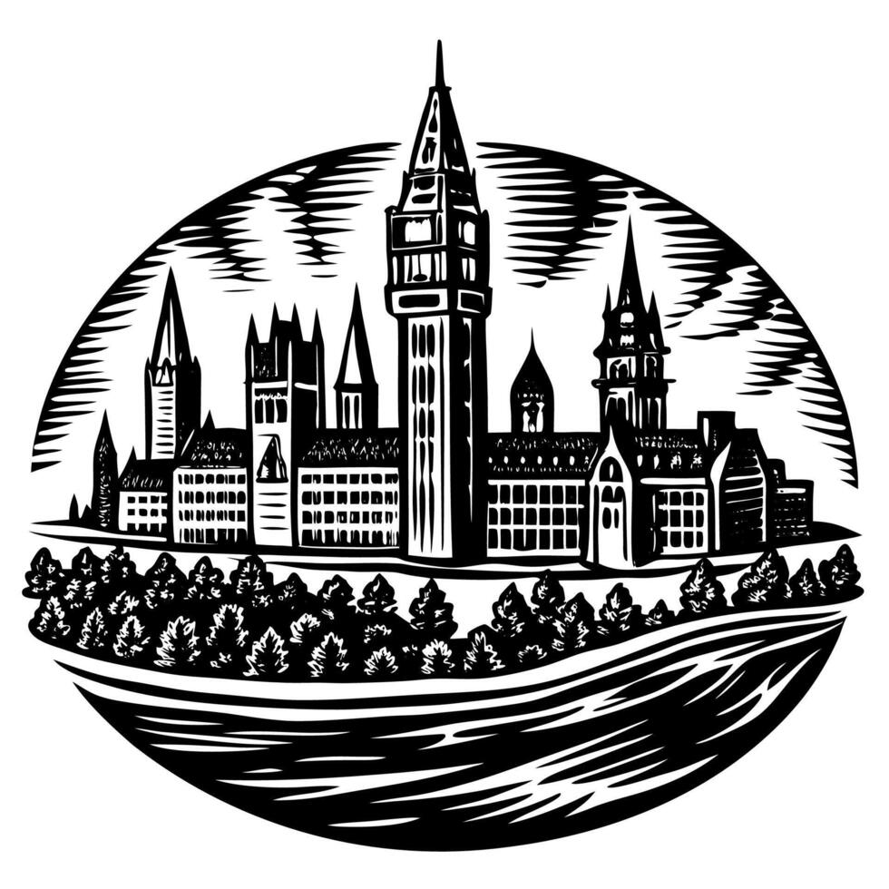 A black and white illustration showcasing a European castle with multiple towers and spires set against a forested backdrop vector