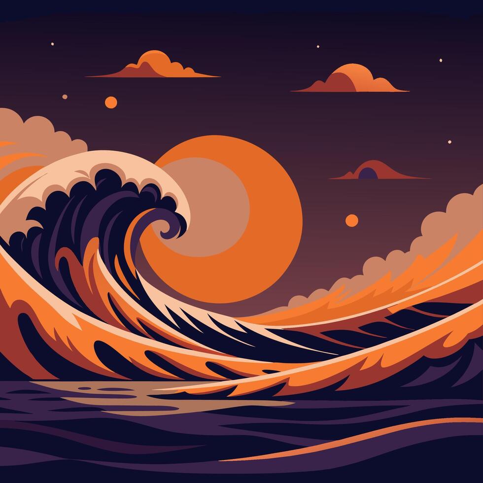 Massive Ocean Wave Crashing Under the Full Moon Night Sky vector