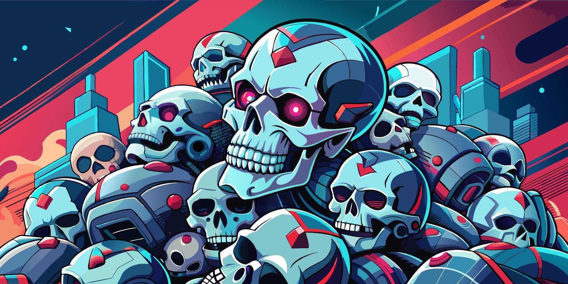 Futuristic Cybernetic Skulls Piled Up in a Dystopian Cityscape with Neon Lights vector