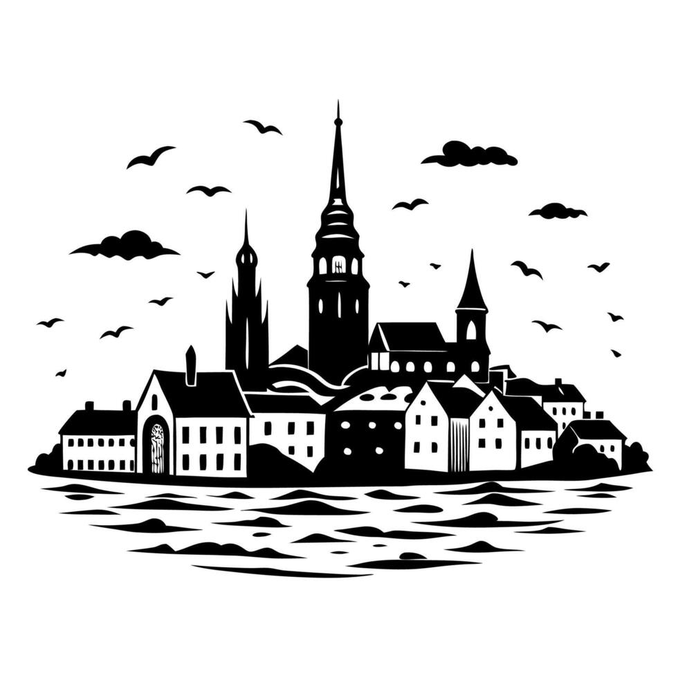 A scenic coastal town with traditional houses and a tall church steeple overlooking the ocean with seagulls soaring overhead vector