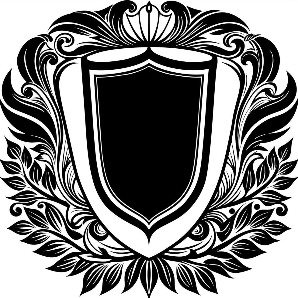 Black and White Shield with Crown and Floral Motif vector