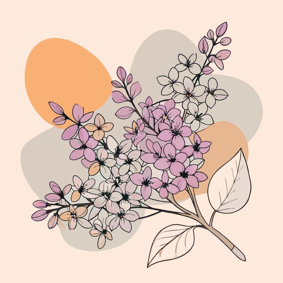 Purple and white lilac blossoms with leaves and abstract circles vector