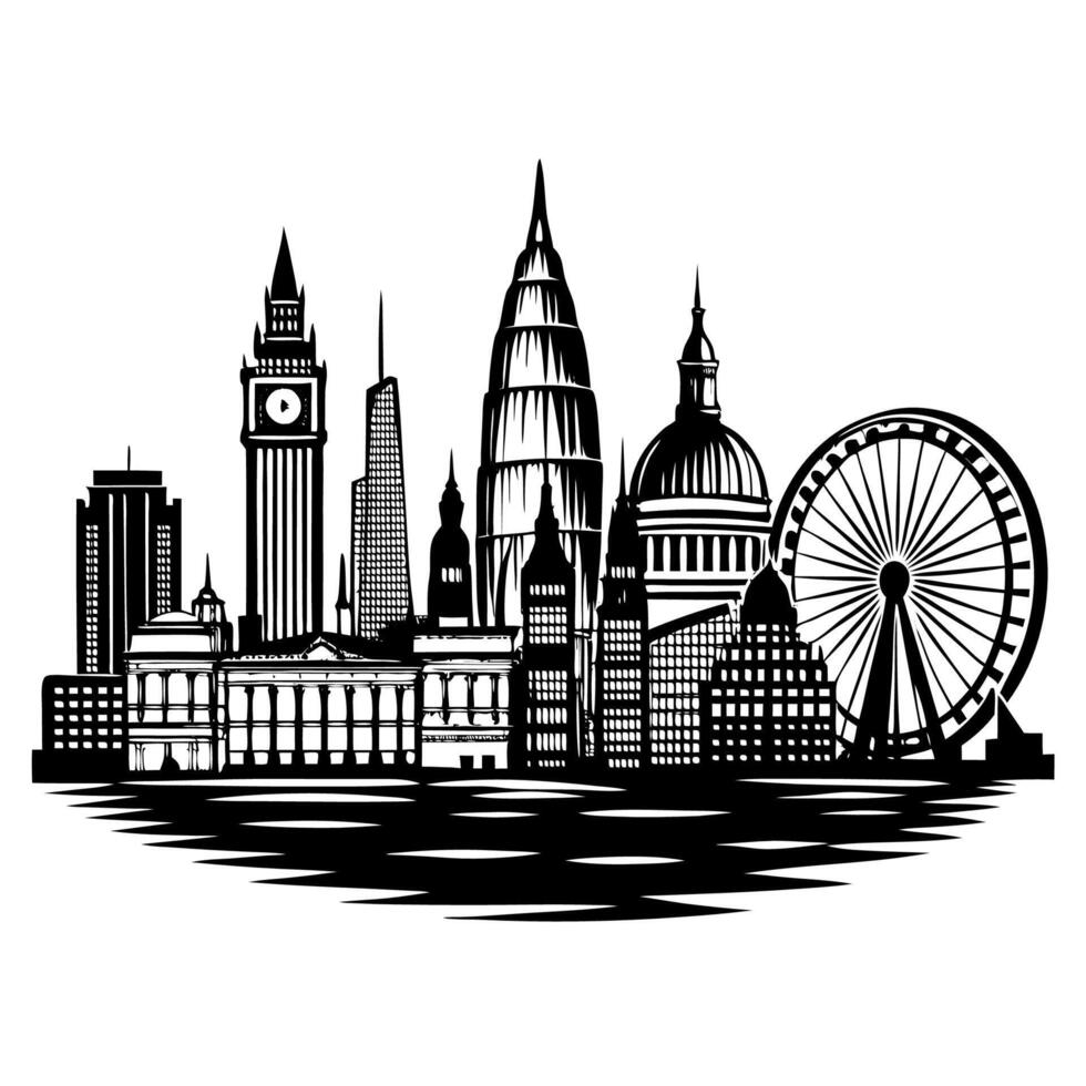 A bold black and white silhouette of a modern city skyline featuring iconic landmarks such as a clock tower and observation wheel vector