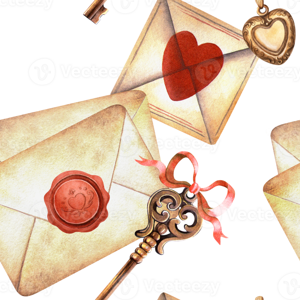 Paper letters, golden key and red bow seamless pattern. Hand-painted watercolor print with retro envelopes. Perfect for romantic, old stationery designs, Valentines day wrapping, antique arrangement png