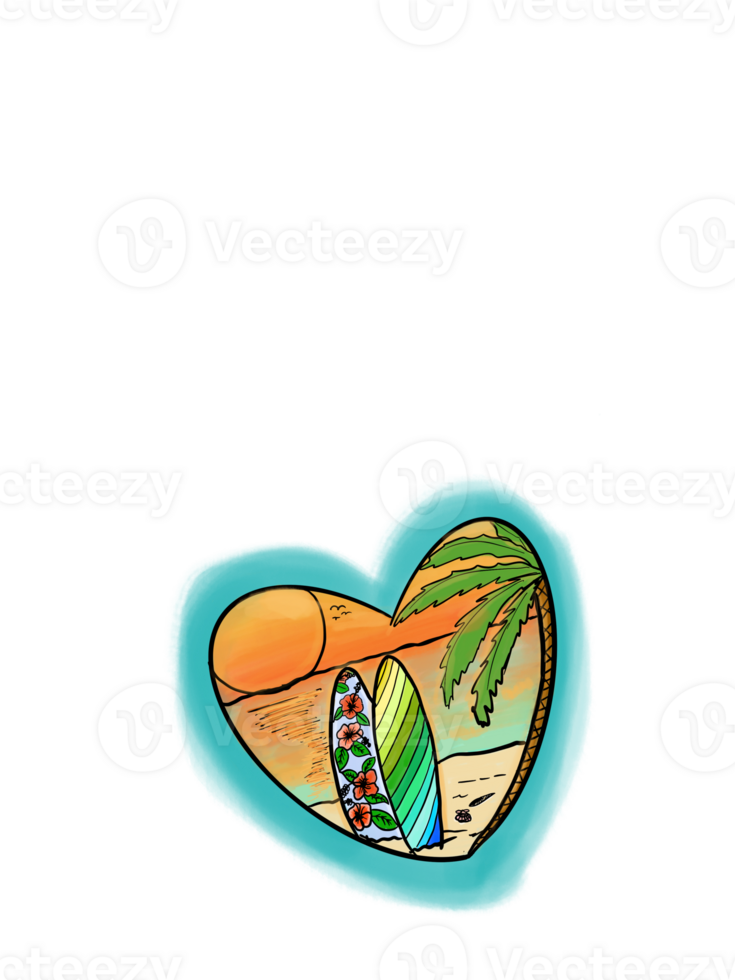 A heart shaped sticker with a surfboard and palm trees png