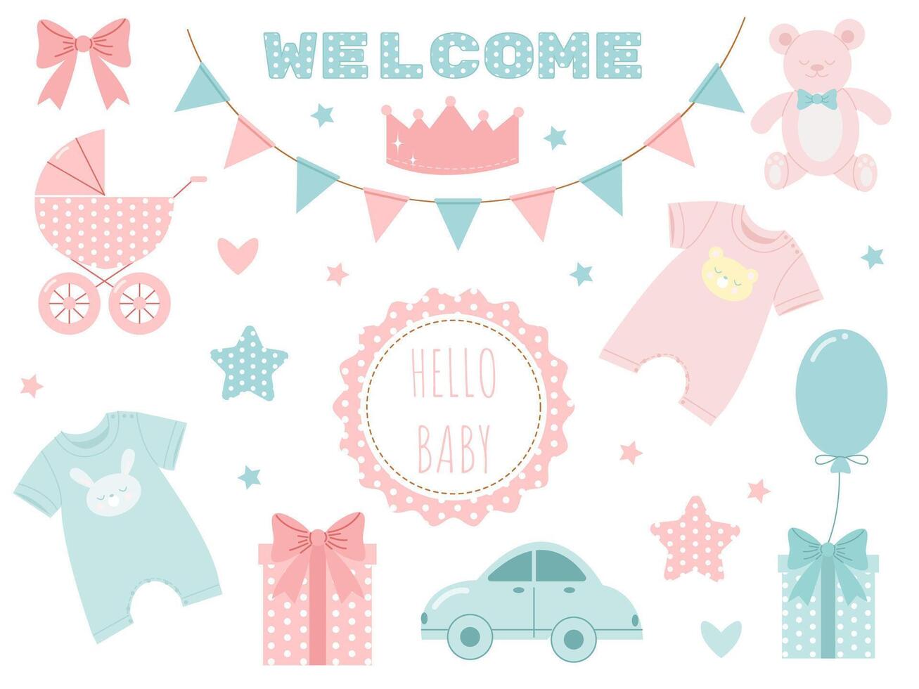 Set of cute newborn baby elements for party celebration and decor vector