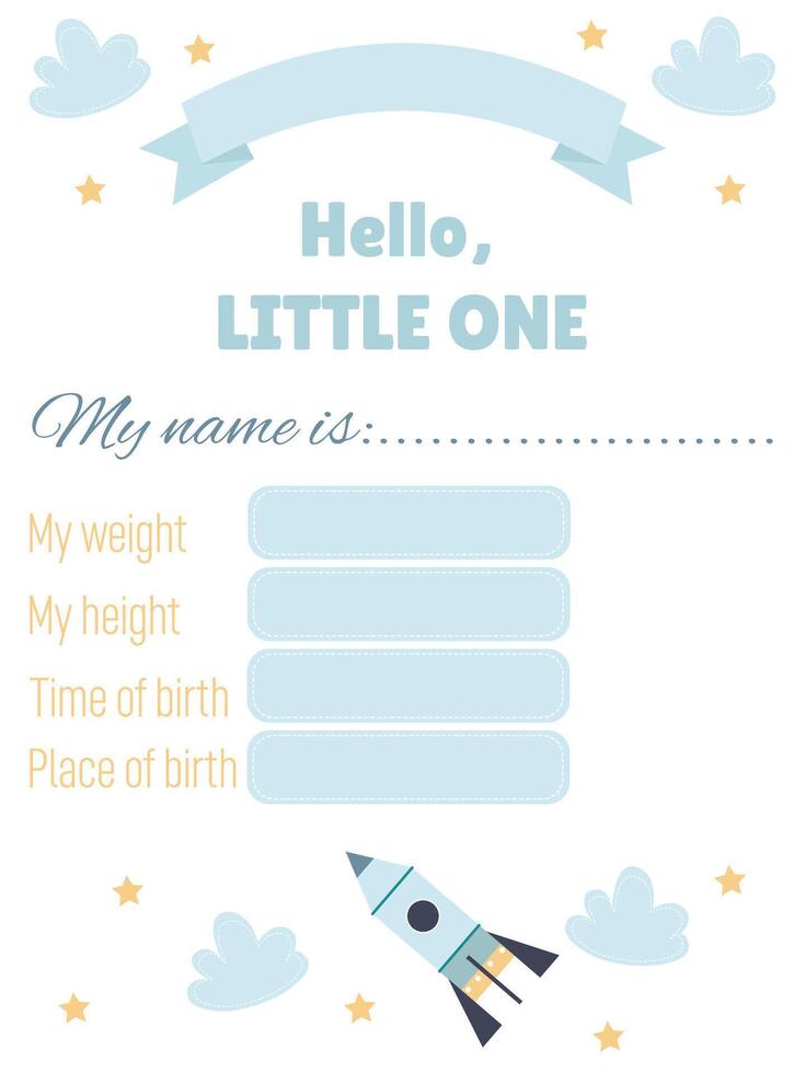 Metric for a newborn boy with name, weight, height and date of birth with clouds, stars vector