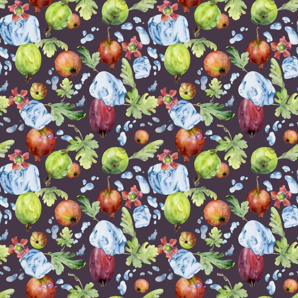 Gooseberry Currant berries flying in water splash with ice cubes dew drops flowers leaves hand drawn in watercolor, ripe garden casseille. Seamless pattern isolated on dark. Wrapping paper, packaging vector