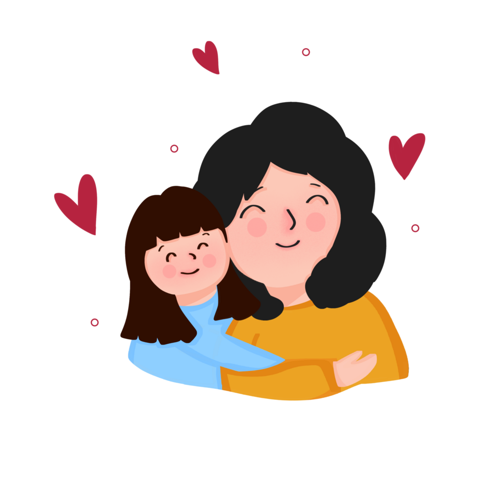 A woman hugging her daughter with hearts around them png
