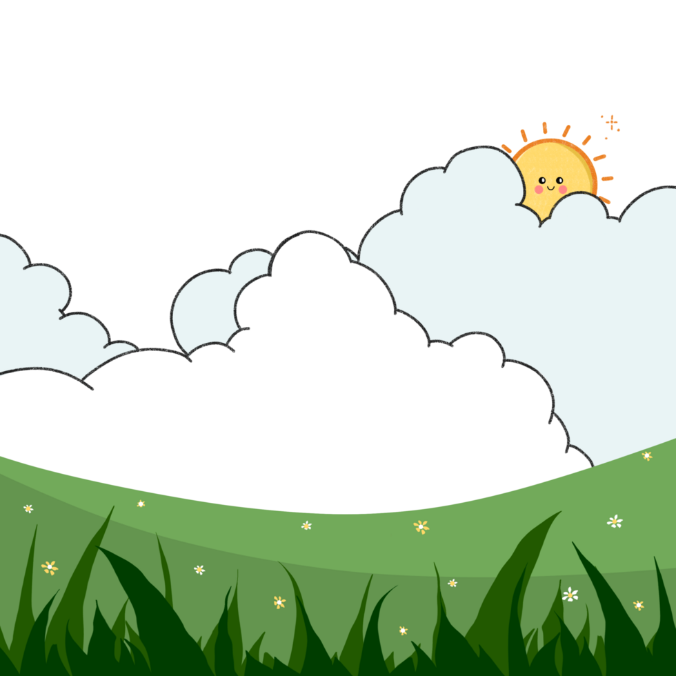 A cartoon sun and clouds illustration in the sky on transparent background png