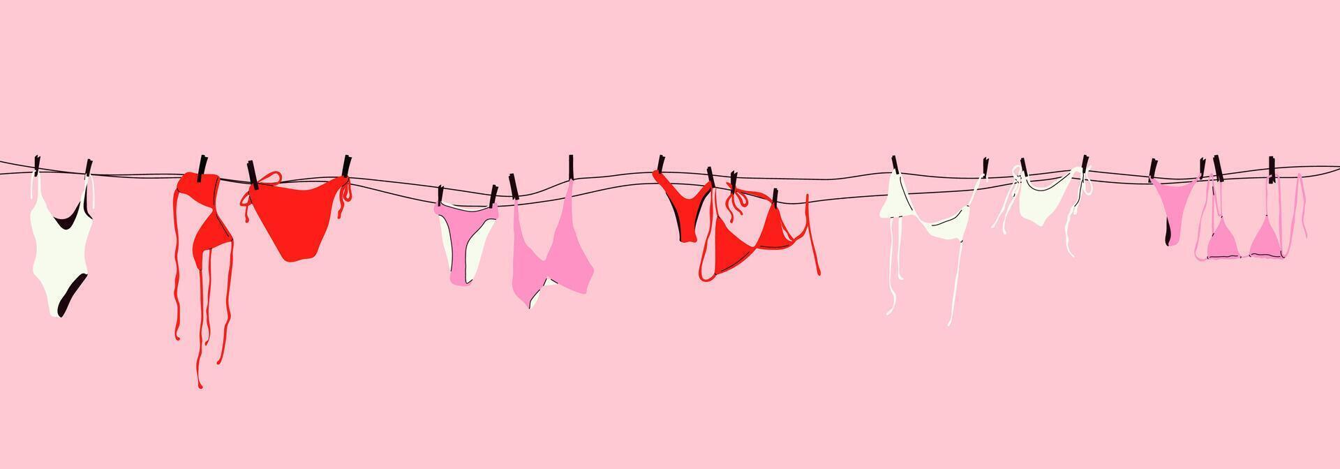 Swimsuits Hanging on a Clothesline. Pink Background Outdoor Scene vector