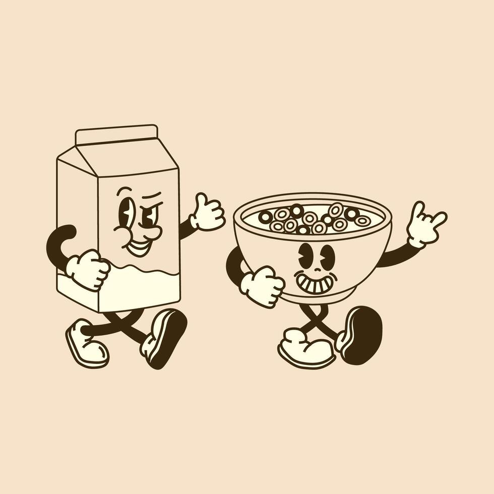 Retro Cartoon Cereal and Milk Characters. Perfect Breakfast Duo vector