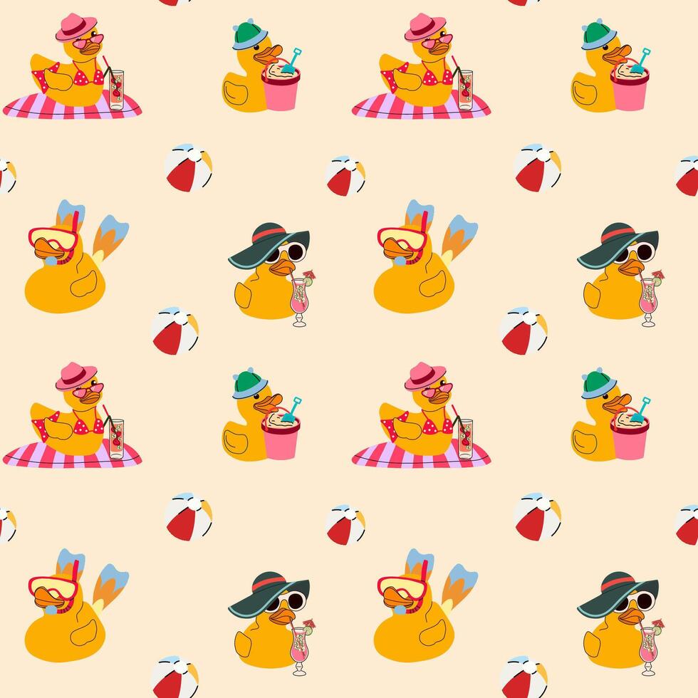Beach Day Rubber Ducks. Cute Seamless Summer Pattern vector
