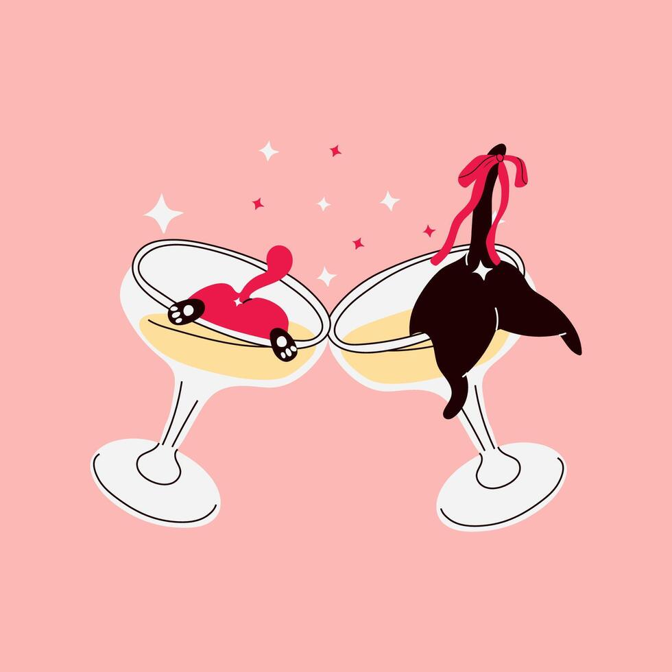 Fun Cartoon Cat in a Champagne Glass. Celebration Scene. Party time vector
