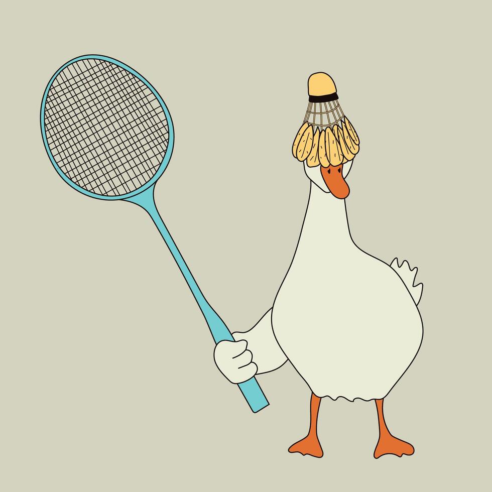 Goose Playing Badminton with Shuttlecock on Head. Funny Cartoon vector