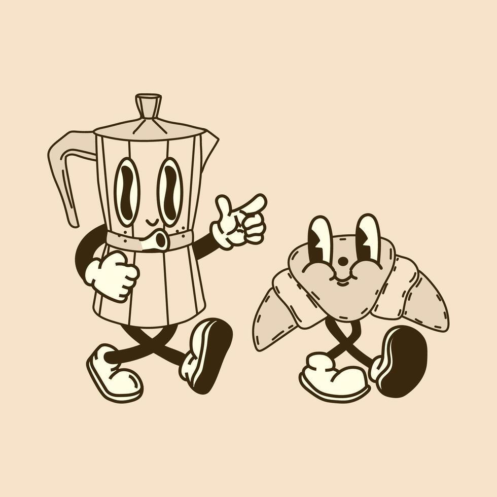 Funky Breakfast Friends. Groovy Coffee and Croissant Characters vector