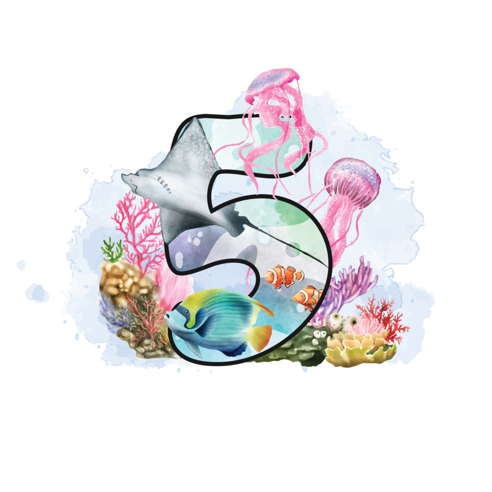 sea life numeric watercolor background png